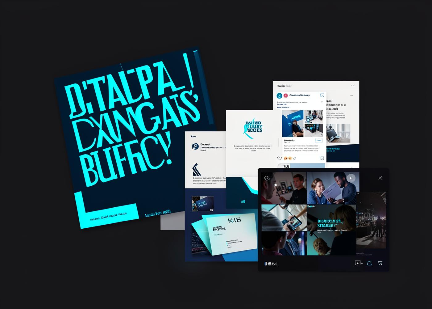 Collage of CodeVertex creative work: poster, social post, brand identity and video frame